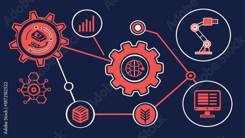 A vector graphic illustrating industrial and technological concepts with interconnected gears and icons
