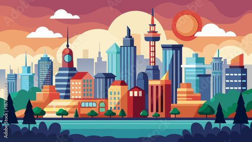 Vibrant cityscape at sunset Vector