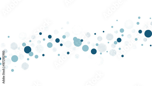 Modern abstract wave of blue and grey circles with various sizes and dotted textures on a clean white background for minimalist design projects.