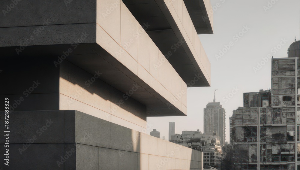 Obraz premium Angular, modern building's facade contrasts with a distant cityscape under a pale sky
