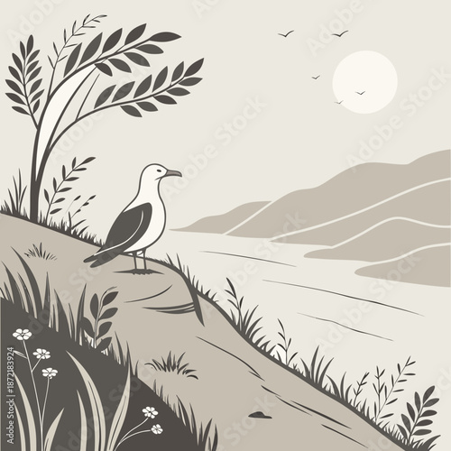 Flat vector illustration of a fashion outfit featuring clothing in a neutral color palette, styled for a modern minimalist look.