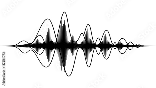 Abstract Black and White Sound Waveform Illustration on Isolated White Background