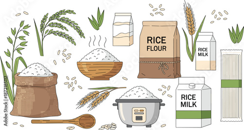 Organic rice and grain vector illustration set featuring rice flour bag, milk cartons, noodles, rice cooker, wooden spoon, and wheat stalks for healthy food packaging design.
