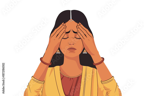 indian woman having Headache isolated illustration