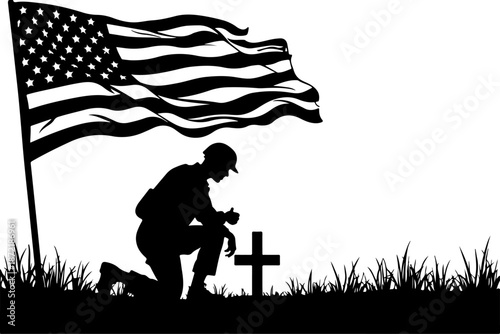 Fallen Soldier Memorial with American Flag and Cross Silhouette