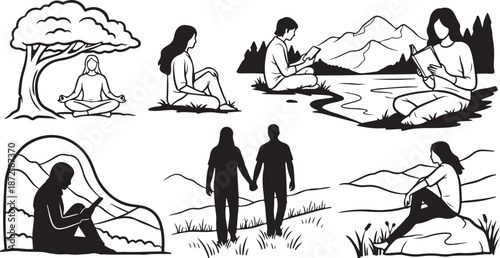 People Meditating and Relaxing in Nature Silhouette Illustrations