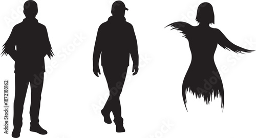 Silhouettes of people in various poses and outfits