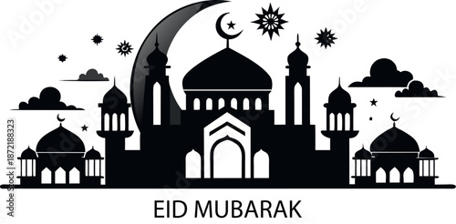 Eid mubarak text with grand mosque silhouette featuring multiple domes minarets and lanterns crescent moon and ornate stars on transparent background