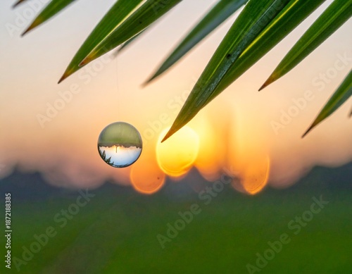 Macro photography of morning dew drop on leaf against sunrise background