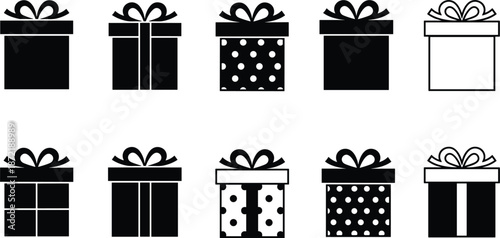 Set of black and white gift box icons with ribbons and various patterns for holiday celebrations and birthdays.
