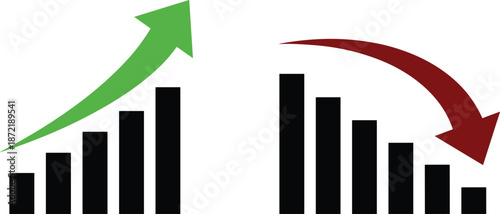Business bar charts with green upward and red downward arrows showing financial growth and market decline for analysis.
