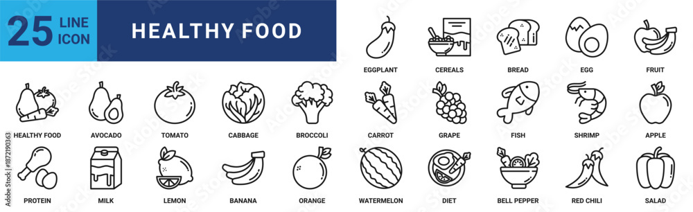 Fototapeta premium Healthy food icon set. Containing tomato, cabbage, broccoli, carrot, grape, fish, shrimp and more. Outline vector icons collection