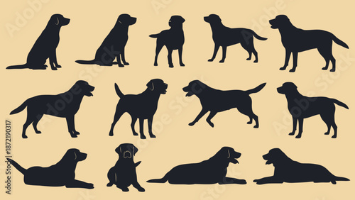 A collection of black dog silhouettes in various poses, including sitting, standing, walking, and lying down, against a plain light background.