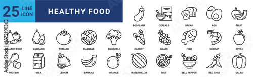 Healthy food icon set. Containing tomato, cabbage, broccoli, carrot, grape, fish, shrimp and more. Outline vector icons collection