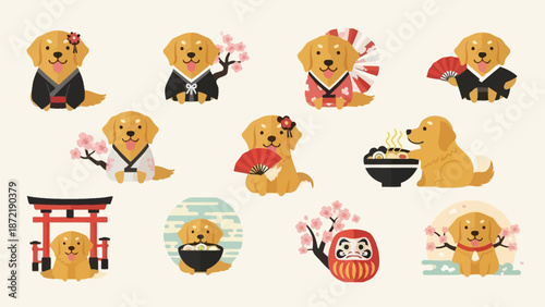 Cute golden retriever dogs in traditional Japanese attire and cultural settings, celebrating Japan's heritage with cherry blossoms, torii gates, and food illustrations.