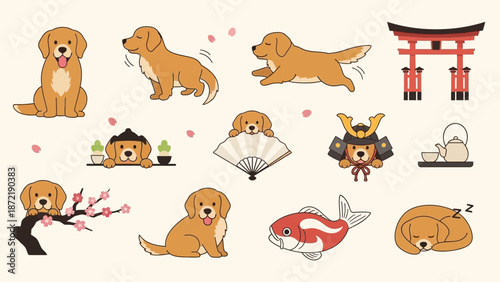 Cute cartoon golden retriever dogs in various poses and interacting with traditional Japanese cultural elements like a torii gate, cherry blossoms, and a samurai helmet.