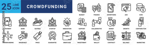 Crowdfunding icon set. Containing payment, bank, savings, startup, innovation, support, collaborative and more. Outline vector icons collection