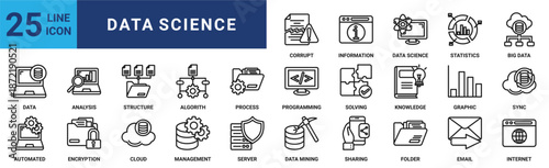 Data science icon set. Containing analysis, structure, algorithm, process, programming, solving, knowledge and more. Outline vector icons collection