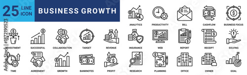 Business growth icon set. Containing investment, successful, target, collaboration, revenue, insurance, web and more. Outline vector icons collection