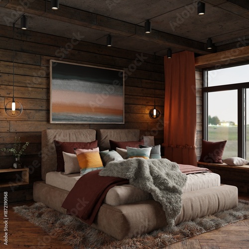 A cozy rustic bedroom features a large bed with layered bedding, dark wooden plank walls, and industrial ceiling lights, created using Blender software.