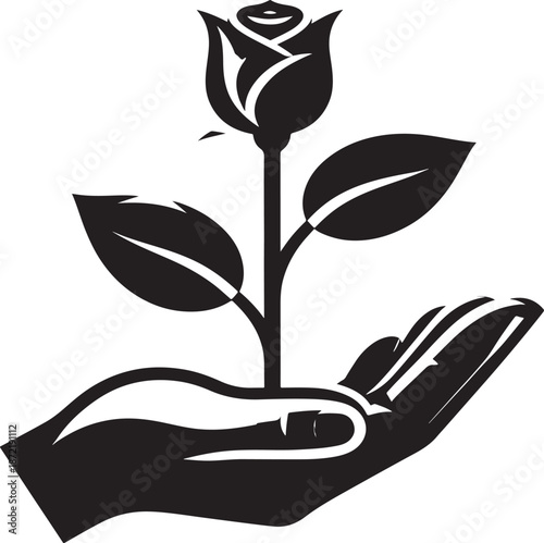 Hand holding a rose symbolizing care and nurturing in a simple style
