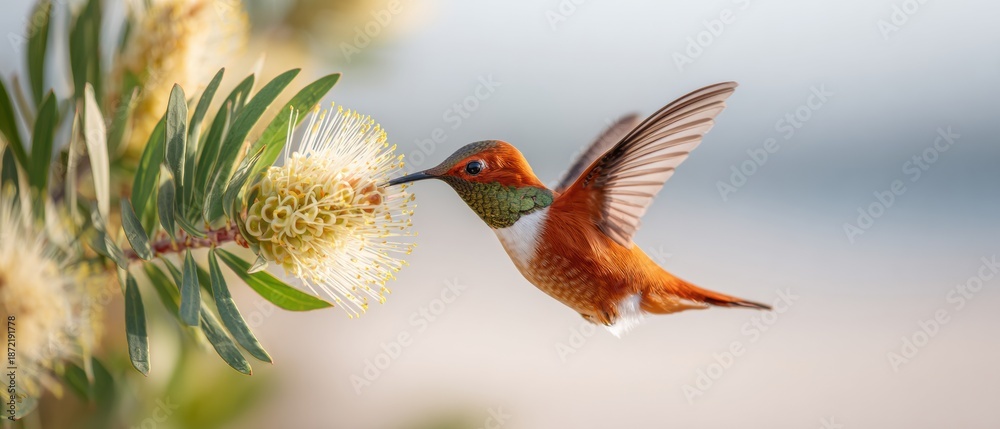 Fototapeta premium Wild Strength Hummingbird Sipping Nectar Authentic Wildlife Conservation and Ecological Marketing Content