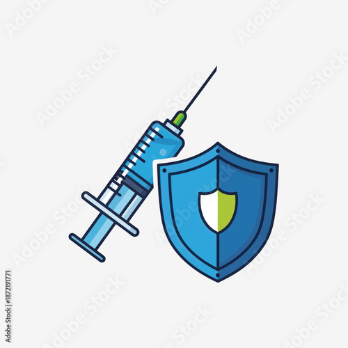 Medical syringe and shield symbolizing vaccination and protection against diseases.
