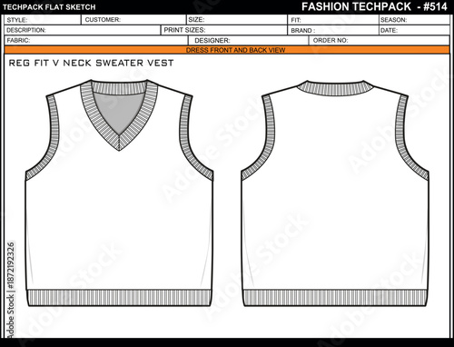 REG FIT V NECK SWEATER VEST EASY EDITABLE EMPTY TECHPACK MEASUREMENT LAYOUT TEMPLATE DESIGN