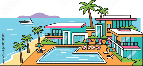  Vibrant flat line illustration of a modern luxury beach resort or hotel, featuring a swimming pool, palm trees, sun loungers, and umbrellas by the ocean with a distant yacht.