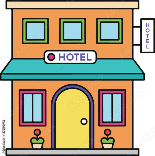 Colorful Cartoon Hotel Building Illustration, Lodging and Accommodation Icon for Travel and Tourism