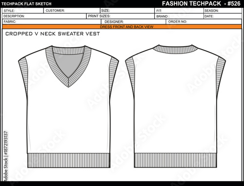 CROPPED V NECK SWEATER VEST EASY EDITABLE EMPTY TECHPACK LAYOUT TEMPLATE DESIGN