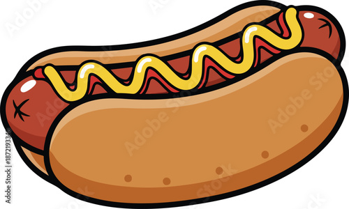 Classic Cartoon Hot Dog with Wavy Yellow Mustard on a Toasted Bun, Isolated Fast Food Illustration.