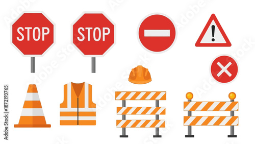 Road Safety and Construction Zone Equipment Set. Traffic Signs, Stop Sign, Safety Vest, Helmet, and Barriers Illustration.