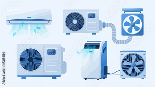 Modern Air Conditioning Systems Collection Including Split Unit, Portable Cooler, Outdoor Compressor, and Ventilation Fans for Climate Control Solutions.