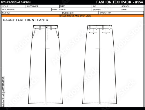 BAGGY FLAT FRONT PANTS EASY EDITABLE EMPTY TECHPACK LAYOUT TEMPLATE DESIGN