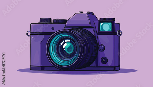 Illustration of a vintage-style camera with a prominent lens and viewfinder.