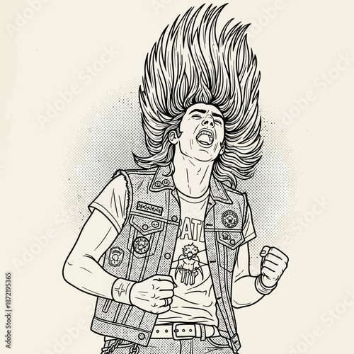Energetic Punk Rocker Headbanging with Long Flowing Hair and Denim Vest