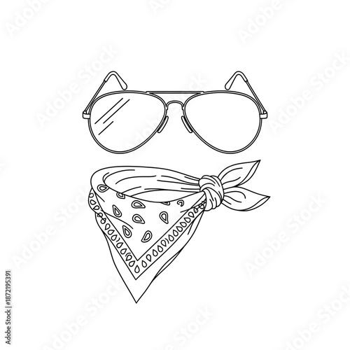Aviator Sunglasses and Paisley Bandana Icon - Line Art Vector Illustration