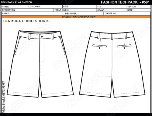BERMUDA CHINO SHORTS EASY EDITABLE EMPTY TECHPACK LAYOUT TEMPLATE DESIGN