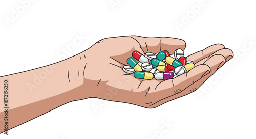 Human palm holding a handful of diverse medicinal pills and capsules illustrating healthcare medication and pharmaceutical treatment.