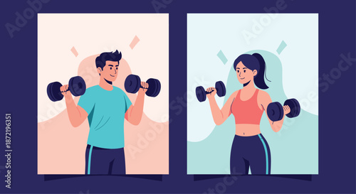 Man and woman working out by lifting dumbbells to build muscle and stay fit in separate vertical exercise frames.
