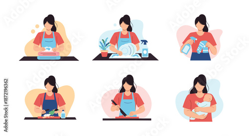 Woman performing daily household chores including laundry dishwashing cleaning cooking and childcare in flat vector illustration.