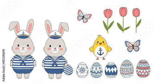 Selection of cute nautical themed Easter elements including bunnies in sailor suits a chick decorated eggs and spring flowers.