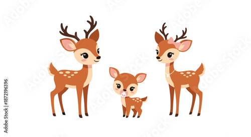 Sweet family of three spotted deer including a buck a doe with a bow and a tiny fawn with a pacifier on white background.