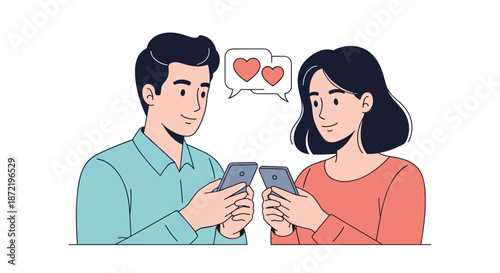 Young man and woman standing next to each other while looking at their smartphones with heart icons in speech bubbles above them.