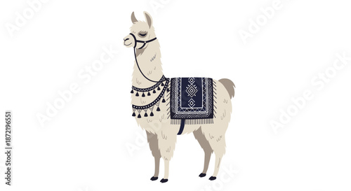 Elegant llama with white fur standing in profile while wearing a decorative traditional saddle blanket and tasseled neck harness.