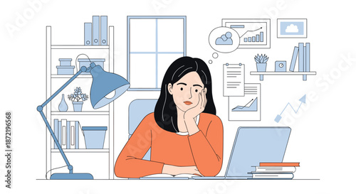 Discouraged young woman sitting at her desk with a laptop and books while daydreaming about sleeping in a soft cloud.