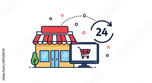 Colorful icon representing a 24-hour online store with a shop building, a computer monitor showing a shopping cart, and a clock symbol.