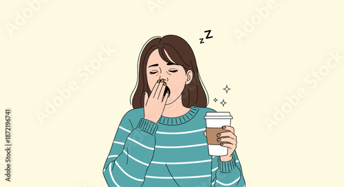 Tired young woman in a striped sweater yawning while holding a paper coffee cup to wake up in the morning on a soft yellow background.