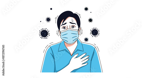 Concerned man wearing a blue medical face mask surrounded by virus particles, symbolizing illness, pandemic, or healthcare concerns.